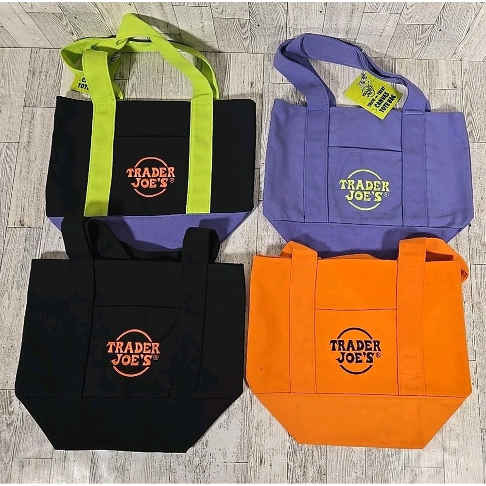 Trader Joe's Mini Canvas Tote Bag Set of 4 Halloween Purple Orange Black NEW